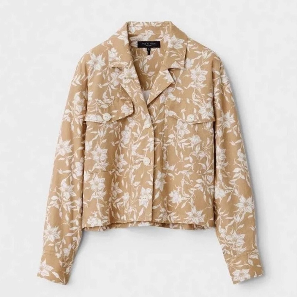 Rag & Bone Jessie Tan Floral Print Linen Blend Bomber Jacket Size M $395 NWT